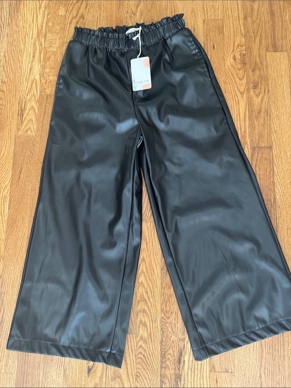 Womens Black Faux Leather Cropped Wide-Leg Pants CB
